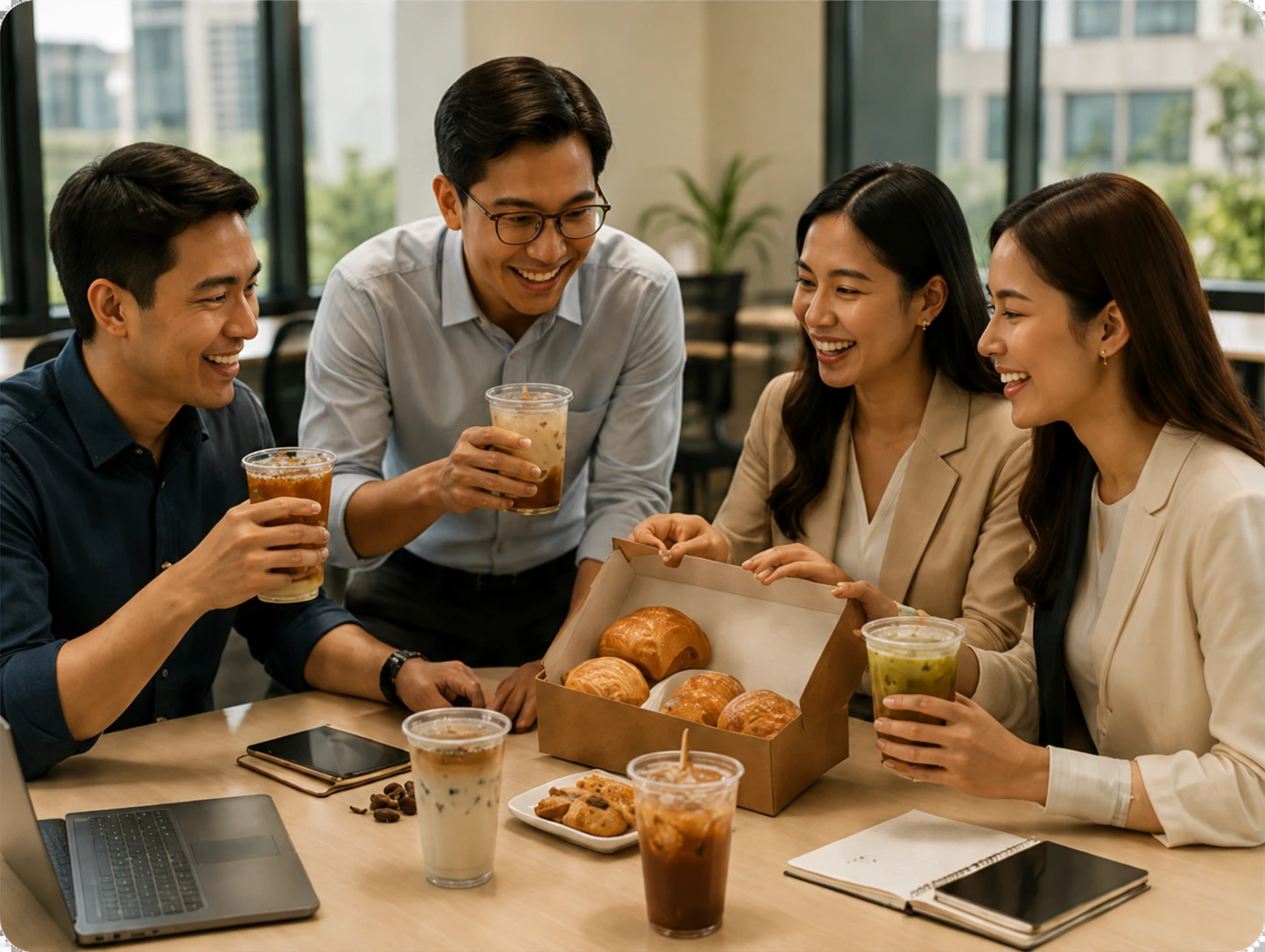 Rekan kerja berbagi minuman di kantor