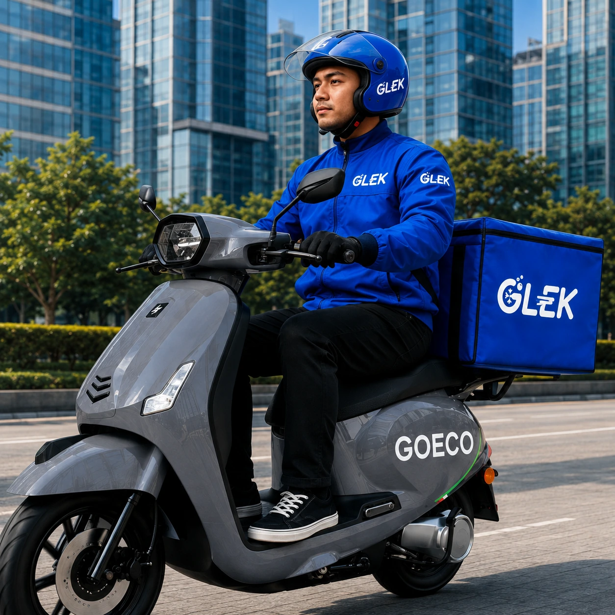 Mitra GLEK berseragam biru dengan motor listrik GOECO abu-abu
